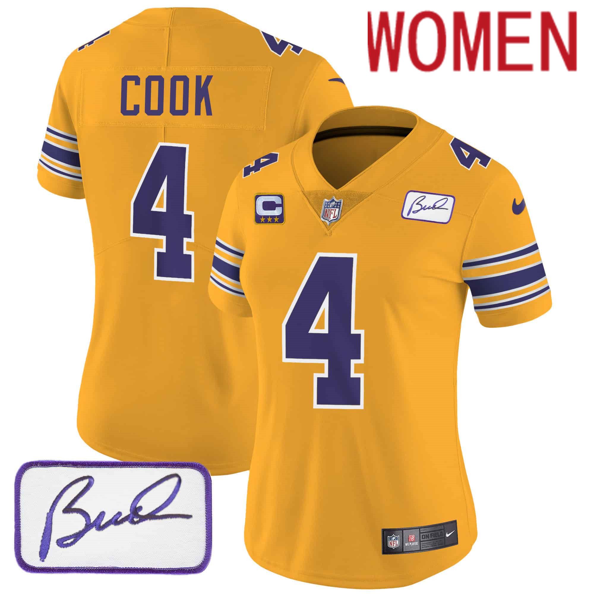 Women Minnesota Vikings #4 Cook Yellow 2024 Nike Bud Grant Patch Classic Limited NFL Jersey